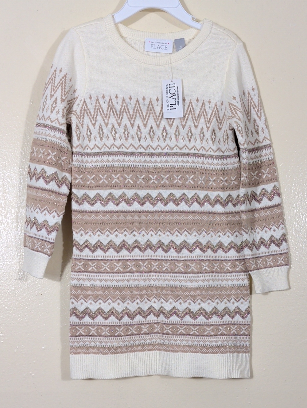The Children's Place Girl size 4T Cream & Tan Fair Isle Crewneck Sweater Dress